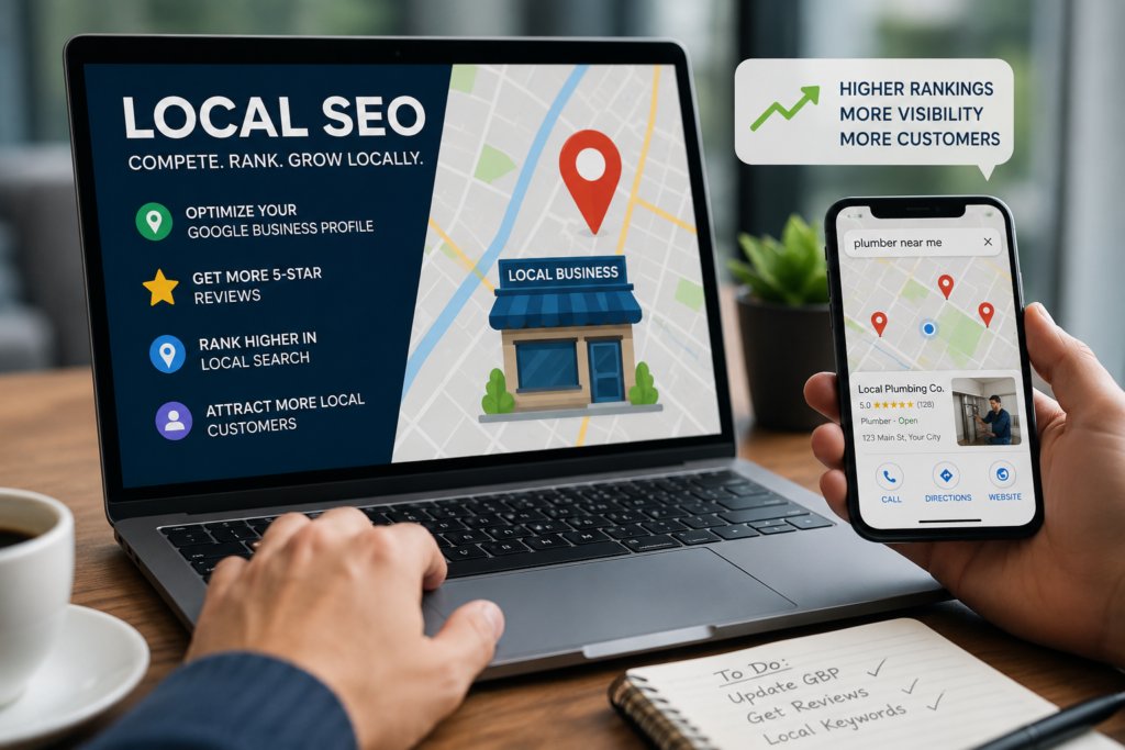Laptop screen and phone showing local SEO process and business map. 
