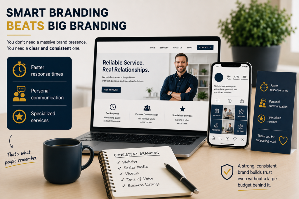 Laptop, phone, and checklist showing branding strategy graphics. 